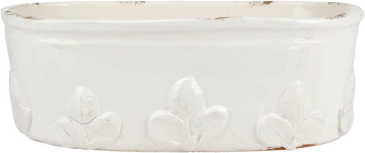 Vietri Rustic Garden Linen Basil Oval Planter Handcrafted Terra Bianca Flower Pot Ceramic Plant Holder - 5.5 Inch White