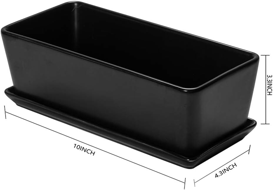 SQOWL 10 inch Ceramic Rectangular Succulent Planter Window Box Flower Planter Pot with Saucer for Indoor Plants Black