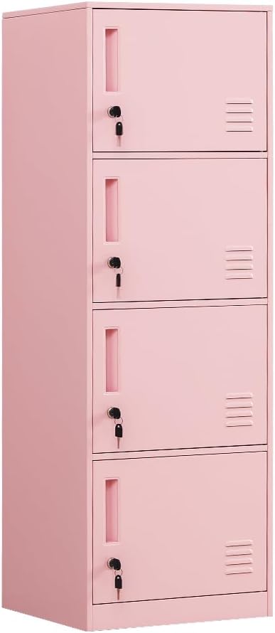 4 Door Metal Storage Locker Cabinet for Office, Home, Gym, School, Steel Cabinet to Storage File, Toys, Shoes and Sports Equipment, Locker Organizer for Gym Office Bedroom (4 Door, Pink)