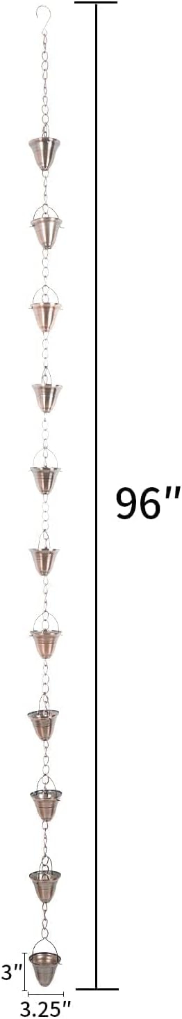 DUSVALLY Rain Chain, 8FT Bell Metal Rain Chain, Functional and Decorative Replacement for Gutter Downspouts, Divert Water and Home Display, Adjustable, Antique Gold