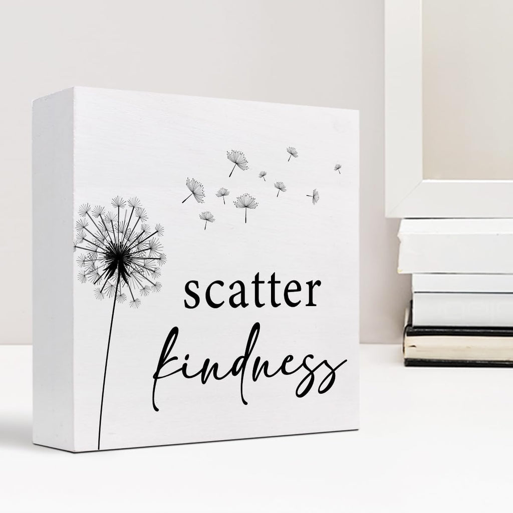 z-Crange Scatter Kindness Dandelion Wood Block Sign, Rustic Kindness Quote Wooden Box Plaque Sign for Home, College, Office Shelf, Table Decor