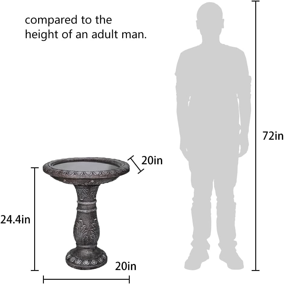 24.4" H Cement Bird Bath for Garden- Fibre Reinforced Concrete Bird Baths for Outdoors, Large Size Vintage Carved Pedestal Birdbath for Patio, Yard, Lawn -20”Dia. X 24.4”H Bird Fountain