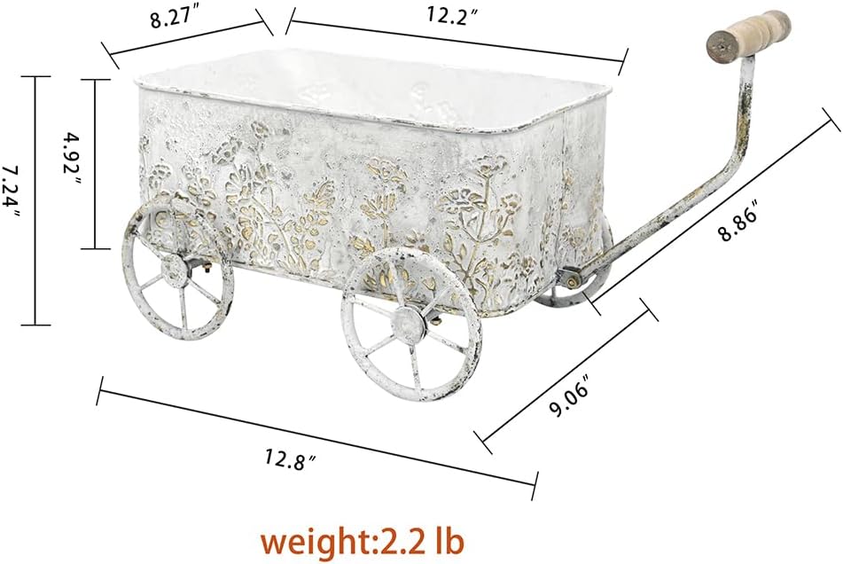 Flower Cart with Wooden Handles, Metal Wagon Planters for Outdoor Plants, Garden Planter with Wagon Wheels, Decorative Wheelbarrow, Plant Cart for Patio Garden Balcony (White)