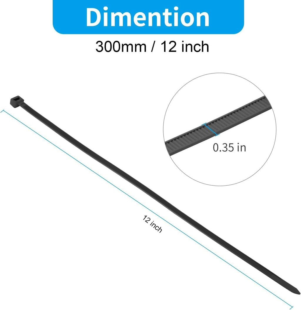 XINGO 12 Inch Black Large Zip Ties Heavy Duty 500 Pack, 200 LBS Ultra Strong Plastic Wire Ties, Large Cable Ties Extra Long Tie Wraps, Indoor and Outdoor UV Resistant