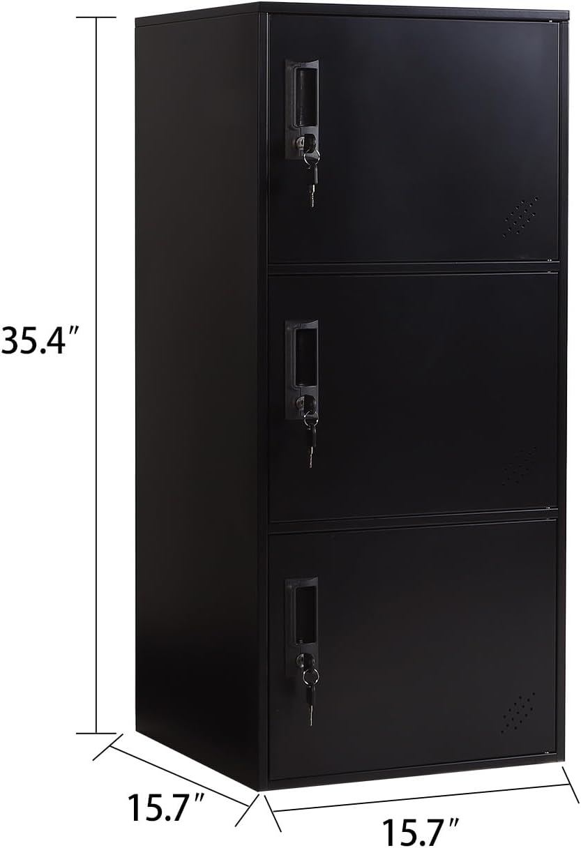 3 Door Metal Vertical Storage Locker for School, Office, Home,Gym,Stackable Steel Storage Cabinet with Lock,Anti-Falling Device. (3 Door, Black)