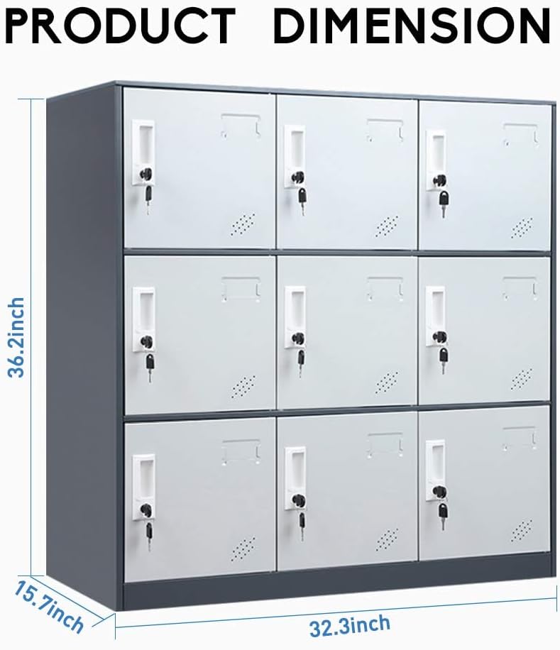 9 Door Metal Storage Locker Cabinet for Office, Home, Gym, School, Steel Cabinet to Storage File, Toys, Shoes and Sports Equipment, Locker Organizer for Gym Office Bedroom (9 Door, Grey)