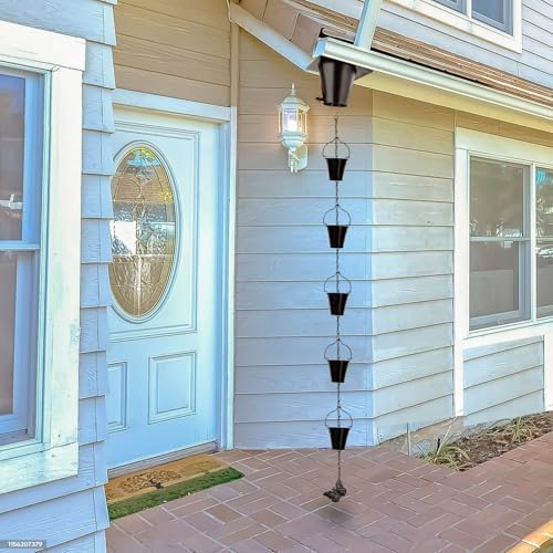 Rain Chain for Outside with 1 Adapter, Wrought Iron Rain Chains 9 FT Set,Rain Chains for Gutter with Rain Chain 16 Cup and Decorative Butterfly (Black)