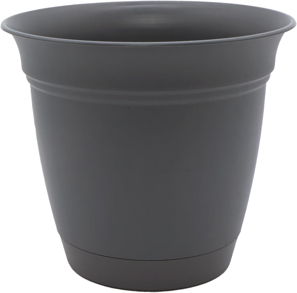 The HC Companies Eclipse Round Planter with Saucer - Outdoor & Indoor Plant Pot with Drainage Holes - Lightweight, UV-Resistant Plastic Pots for Plants, Flowers & Herbs (6" Warm Gray, Pack of 1)