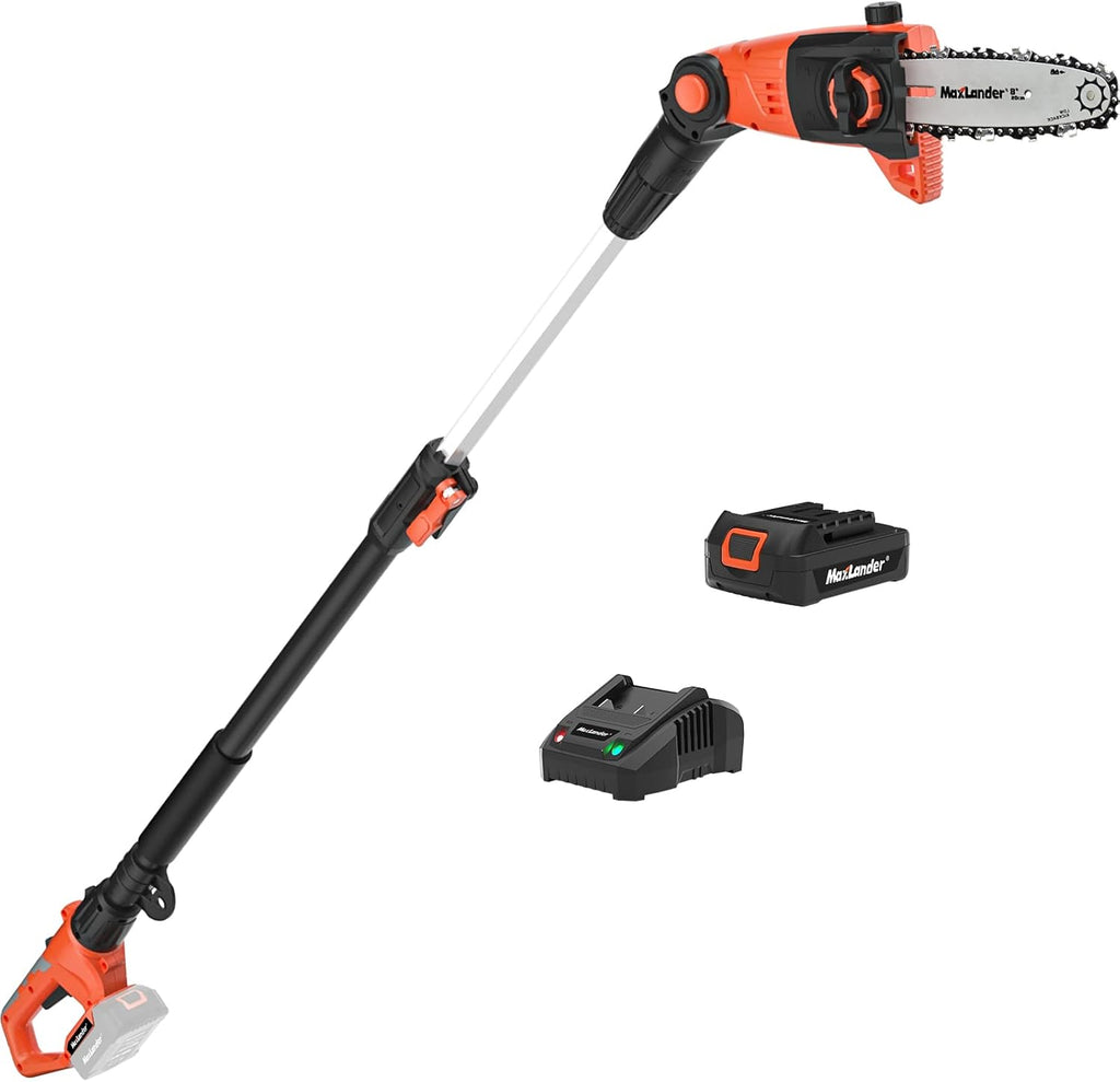 MAXLANDER 8 Inch Cordless Pole Saw, 20V Power Pole Chainsaw for Tree Trimming, Telescoping Electric Tool-free Installation, Adjustable Head Pole Saw with 2.0Ah Battery & Fast Charger