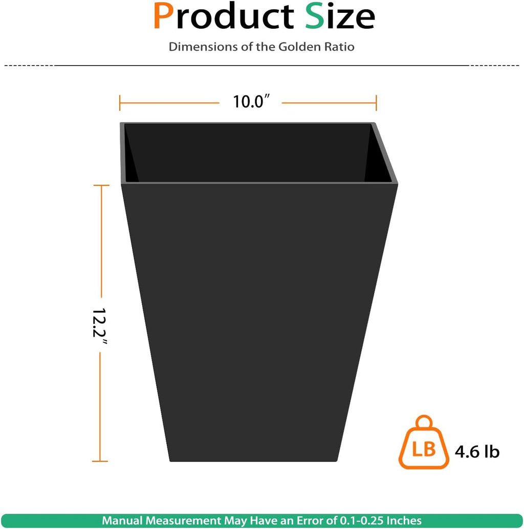 Resin Planter Outdoor Indoor, Taper Plant Pots for Flowers (Black, 12.2 inch - 2 Pack)