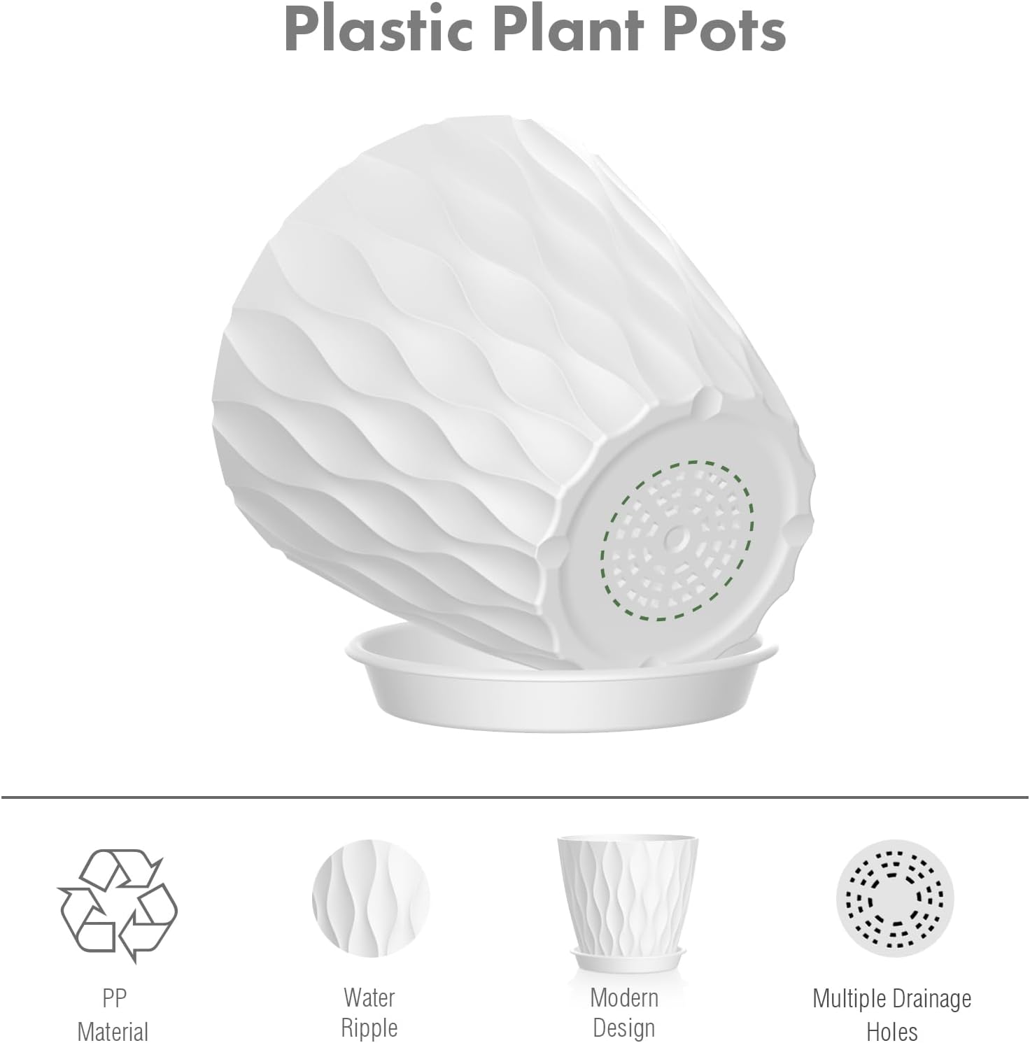 4 inch Small Plastic Nursery Pots, 5 Pack Water Ripples Plant Pots for Indoor Plants, Flower Pots with Drainage Holes and Saucers, Seedling Starter Planters for Succulent Plants, White