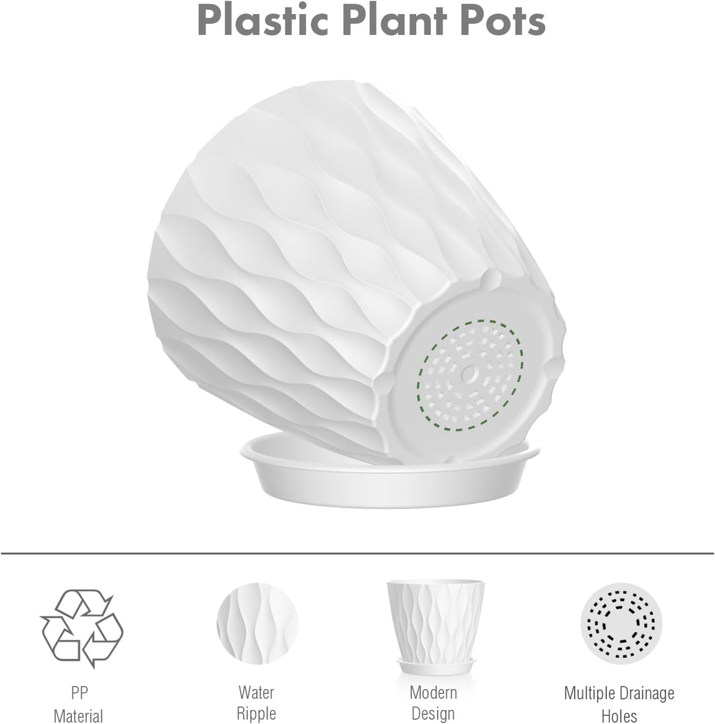 6 inch Flower Pots, 5 Pack Plant Pots for Indoor Outdoor Plants, Water Ripples Plastic Planters with Drainage Holes and Saucers, Nursery Pots for Small Succulent Garden House Plants, White