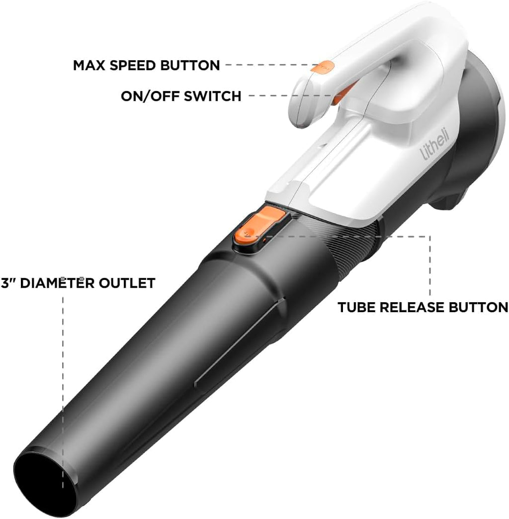Litheli Cordless Leaf Blower, 355CFM/85MPH & 2 Speed Levels, Handheld Electric Blowers for Lawn Care, Patio, Snow, Dust, Blowing Leaves(Battery Not Included, Power Tool Only)