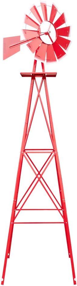VINGLI 8FT Metal Windmill Ornamental Spinner Backyard Garden Decoration Weather Vane, Heavy Duty Wind Mill w/ 4 Legs Design, Red