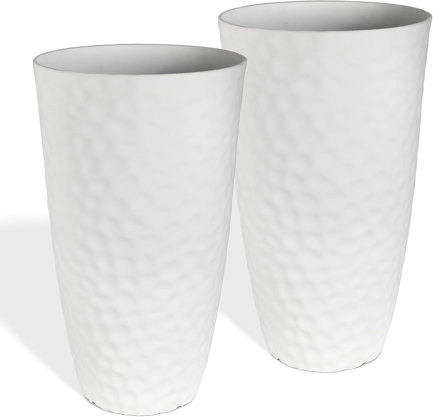 Worth Garden 24" H Tall Hammered Texture Planters Set of 2 - Matte White Plastic Flower Pot with Drainage Holes, Modern Outdoor Indoor Lightweight Pots for Large Plants, Durable Decor Containers