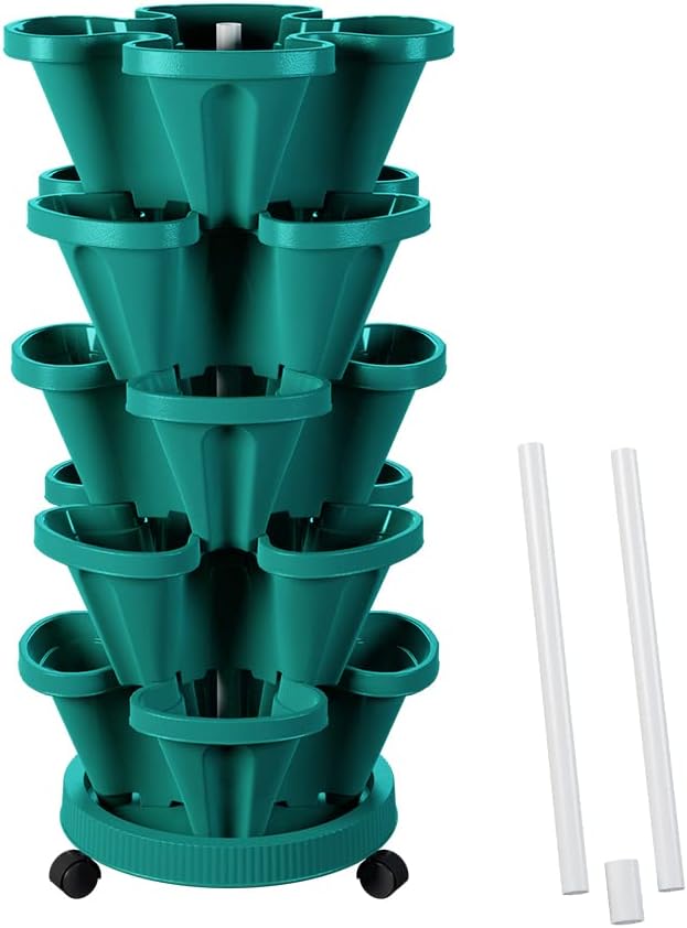 Strawberry Vertical Planters Tower Garden, 5 Tiered Stacking Planter with Support Pole, Stackable Herb Vegetable Planters Indoor and Outdoor - Hunter Green