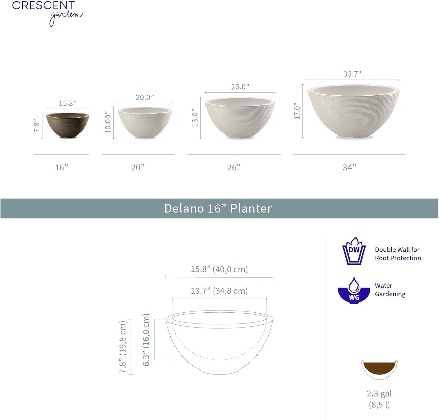 Crescent Garden Delano Bowl Planter, Indoor Outdoor Round Shallow Plant Pot for Water Garden, Bonsai Plant Pots, Succulents with Drain Hole - Double Walled Bowl Lotus Pot, 16" W (Slate)