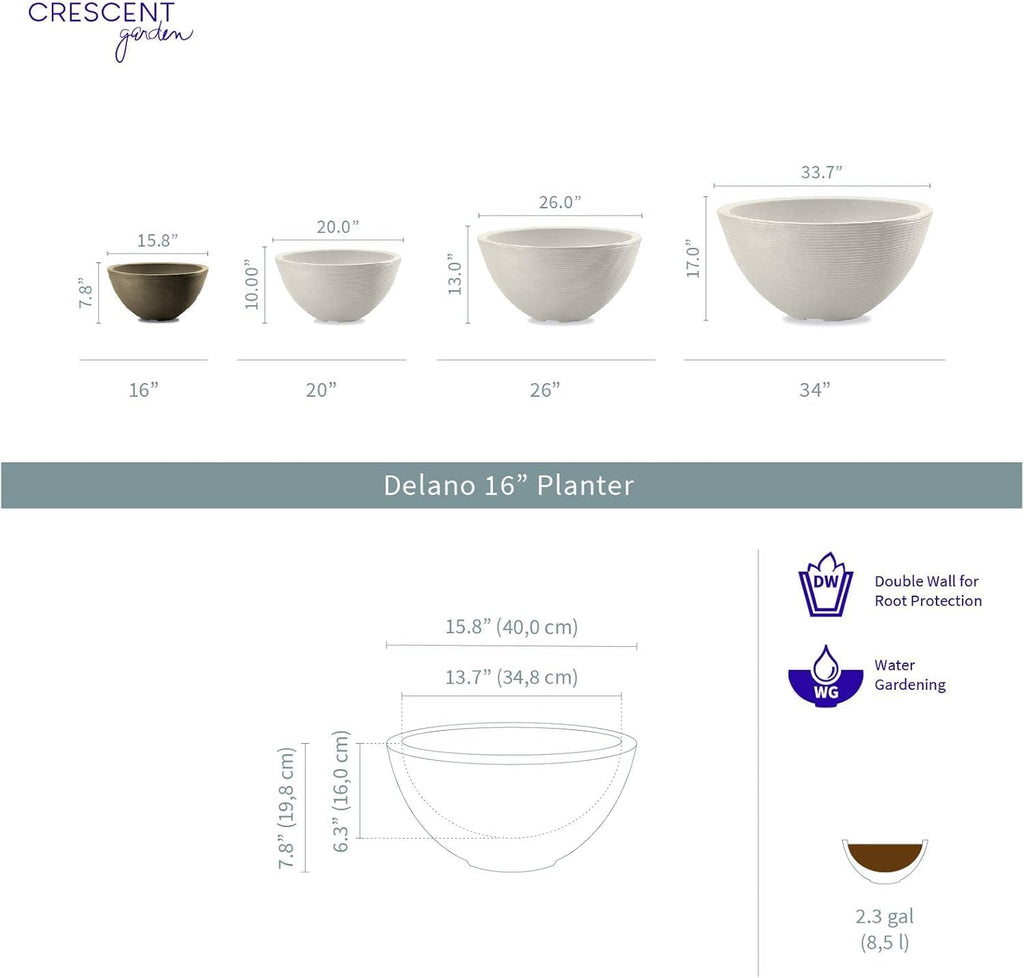 Crescent Garden Delano Bowl Planter, Indoor Outdoor Round Shallow Plant Pot for Water Garden, Bonsai Plant Pots, Succulents with Drain Hole - Double Walled Bowl Lotus Pot, 16" W (Mocha)