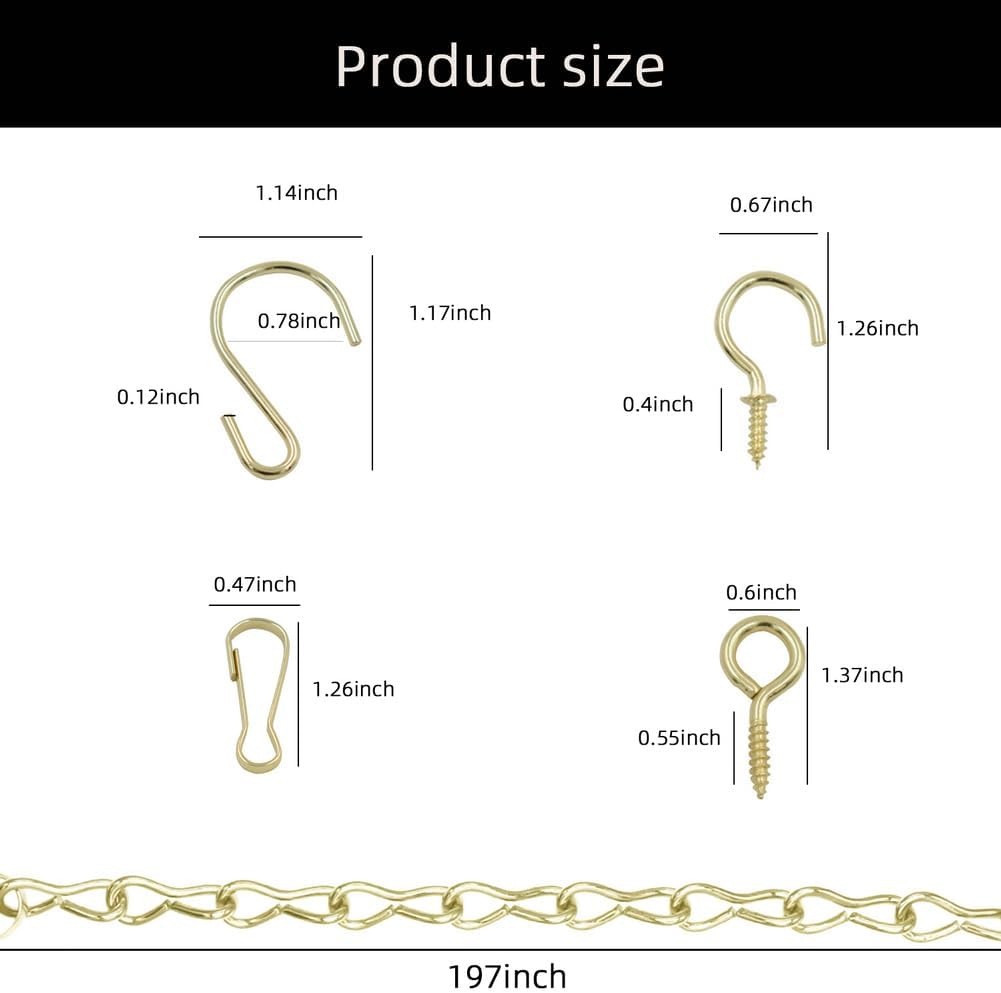 236 Inch Gold Hanging Baskets Chains - Adjustable Length, Brass Decorative Metal Chain with A Great Assortment of Hooks for Hanging Bird Feeders Planters Baskets Billboards Ornaments, Chain Hooks DIY