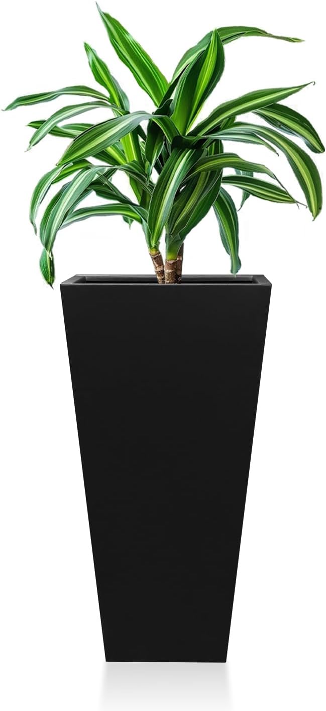 Tall Black Planter Tapered Metal Modern Flower Plant Pot Black Square Galvanized Steel Planter 30In Indoor Outdoor for Front Porch Garden Patio Grande Plant Tree Commercial Residential Heavy Duty
