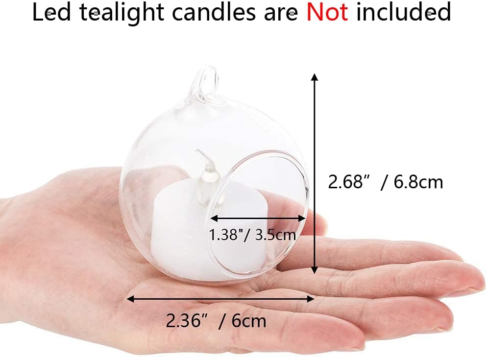 Nuptio 24 Pcs Hanging Glass Tealight Holder Globe 2.36" Diameter, Tea Light Candle Holders Wedding Christmas Halloween Home DIY Gifts, Garden Hanging Ornaments Outdoor Candle Holders