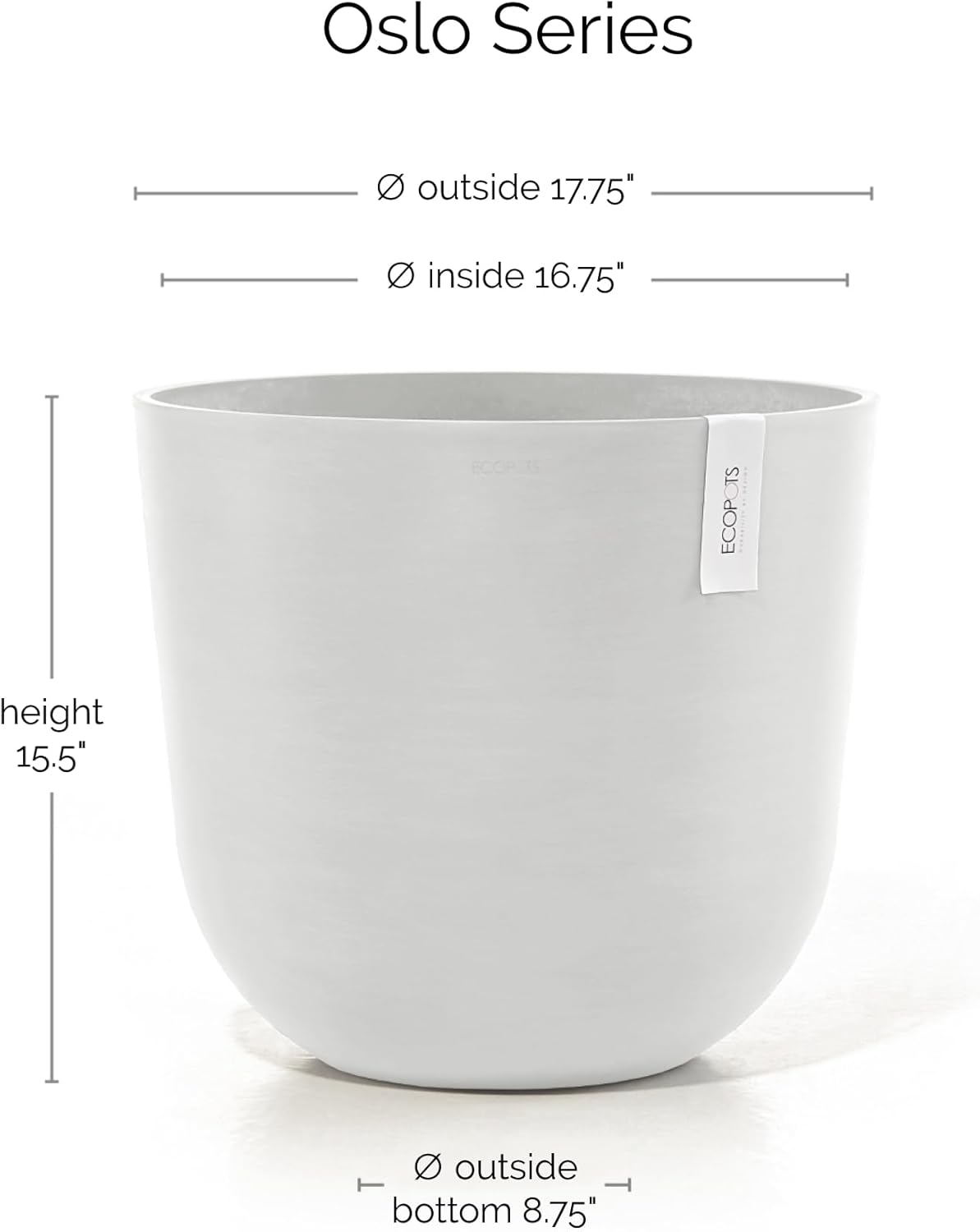 Ecopots Oslo Durable Modern Round Indoor/Outdoor Recycled-Based Composite Flower Pot Planter, Pure White, 17.75"