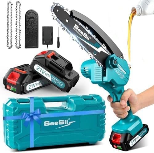 SEESII Mini Chainsaw 6 inch,Cordless Chainsaw w/ 2x2000mAh Batteries,Oiler System & Replacement Chain,Handheld Electric Chain Saw w/Safety Lock,Battery Powered Chainsaw for Wood Tree Cutting, CH600+