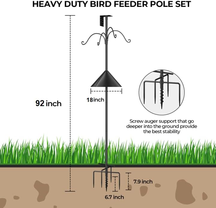 Bird Feeders Pole, House Pole 92 Inch, Adjustable Heavy Duty Feeder Stand Feeding Station with Sturdy Anchor Squirrel Proof Baffle for Watching (Bird Not Included)
