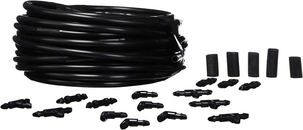 Raindrip R280DT Drip-A-Long™ 1/4 in. Dripline Kit includes 50 feet of 1/4-Inch Dripline preassembled with 1/2 GPH drippers, 5 Barbed Tees, 5 Barbed Elbows, 5 Barbed Couplings, 5 End Plugs