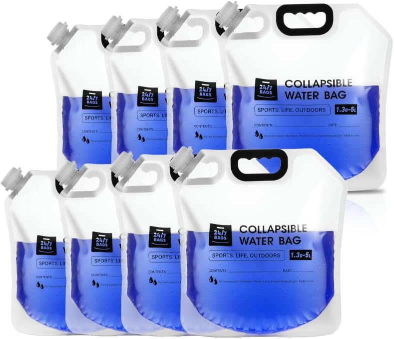 24/7 BAGS 8 Pack Collapsible Water Container Bag 1.3 Gallon/5 Liter, Heavy Duty with Carry Handles, Hikes, Trips, Weather Emergencies, and More, Foldable Water Bag