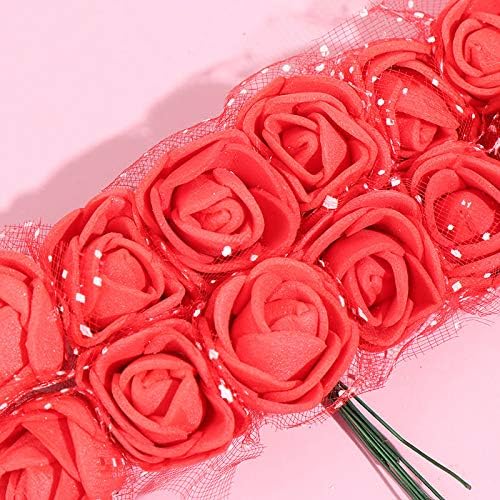 144pcs Mini Fake Rose Flower Heads Mini Artificial Roses DIY Wedding Flowers Accessories Bridal Hair Clips Headbands Dress Valentine's Day Decoration (Red)
