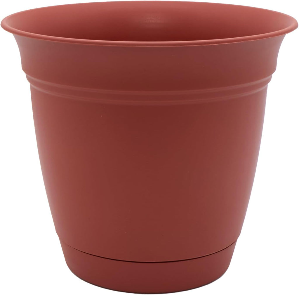 The HC Companies Eclipse Round Planter with Saucer - Outdoor & Indoor Plant Pot with Drainage Holes - Lightweight, UV-Resistant Plastic Pots for Plants, Flowers & Herbs (8" Clay, Pack of 1)