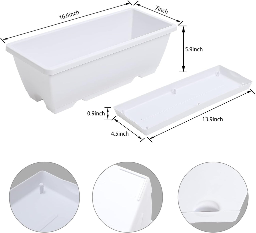 Window Box Planter, 7 Pack Plastic Vegetable Flower Planters Boxes 17 Inches Rectangular Flower Pots with Saucers for Indoor Outdoor Garden, Patio, Home Decor (White)