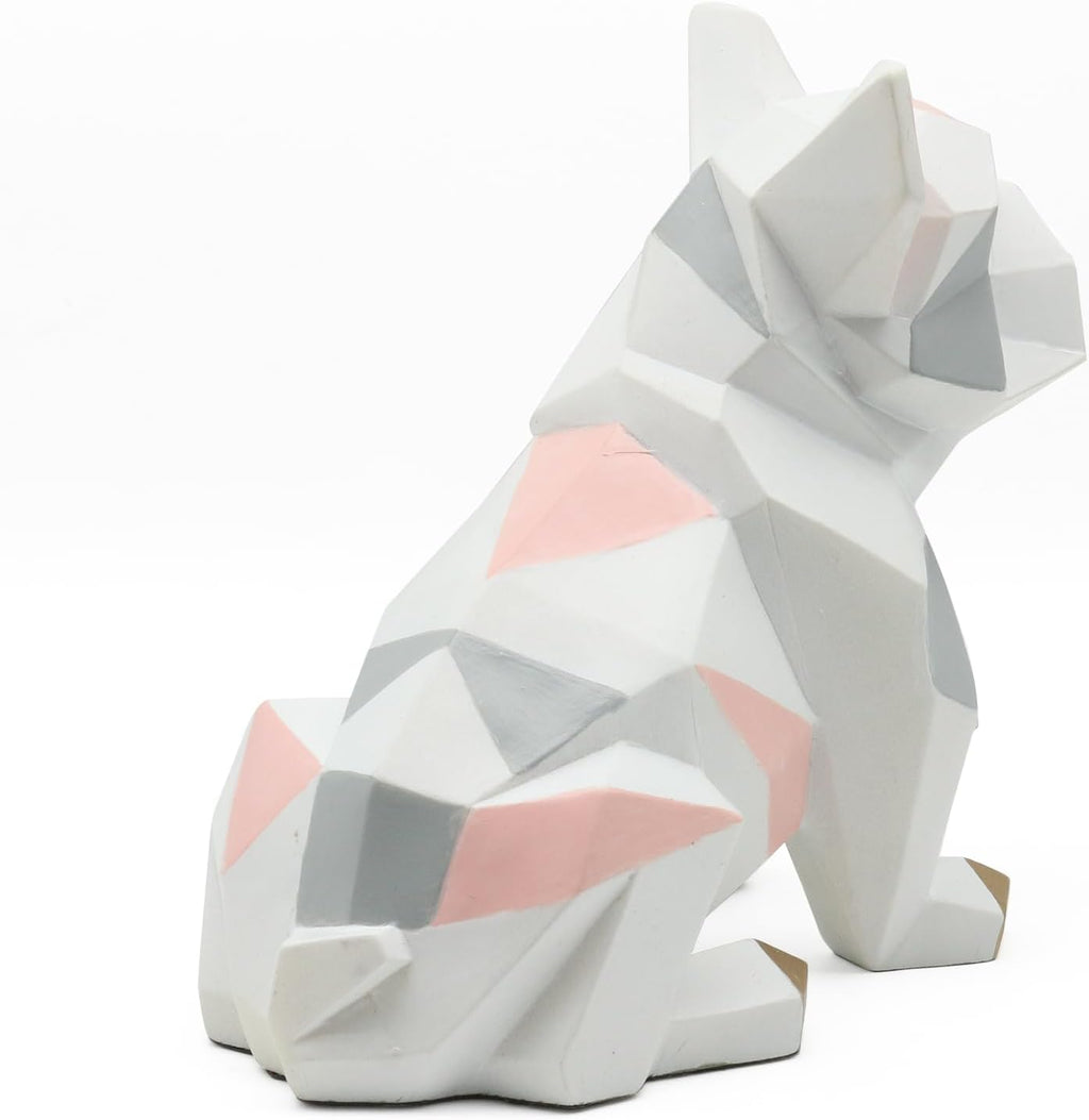 POTAMI Bulldog Sculpture Statue Geometric Gifts Figurine, Modern Art Decor, White and Pink with Gold Feet