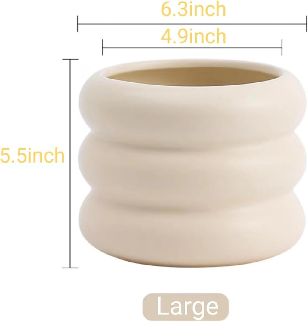 Ceramic Plant Pot Indoor, 6.5 Inch Flower Pot with Drainage Hole, Tiered Bubble Design Ceramic Planter for Home & Office Decor (Beige)