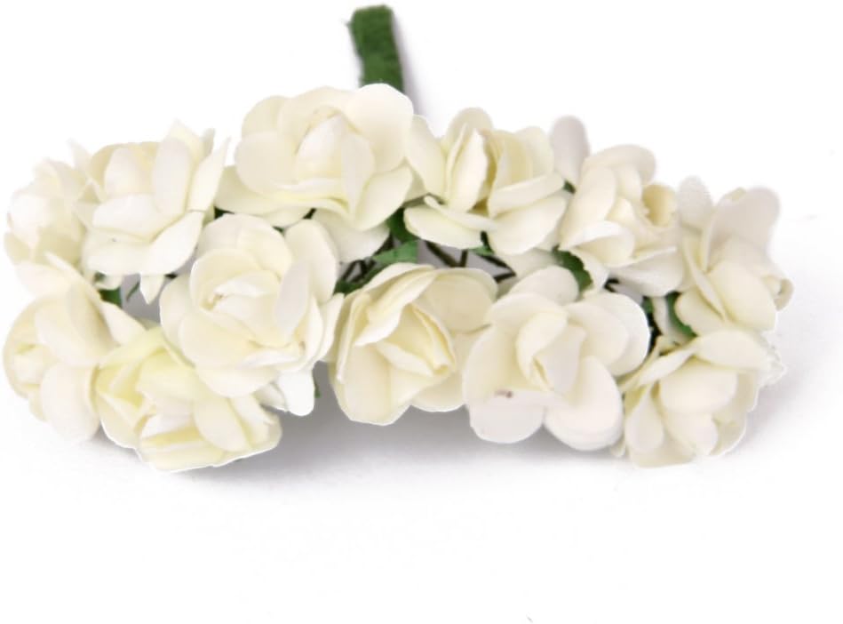 Mini Fake Rose Flower Heads 144pcs Mini Artificial Mulberry Paper Roses Flower with Wire Stem DIY Wedding Flowers Accessories Make Bridal Hair Clips Headbands Dress (Cream)