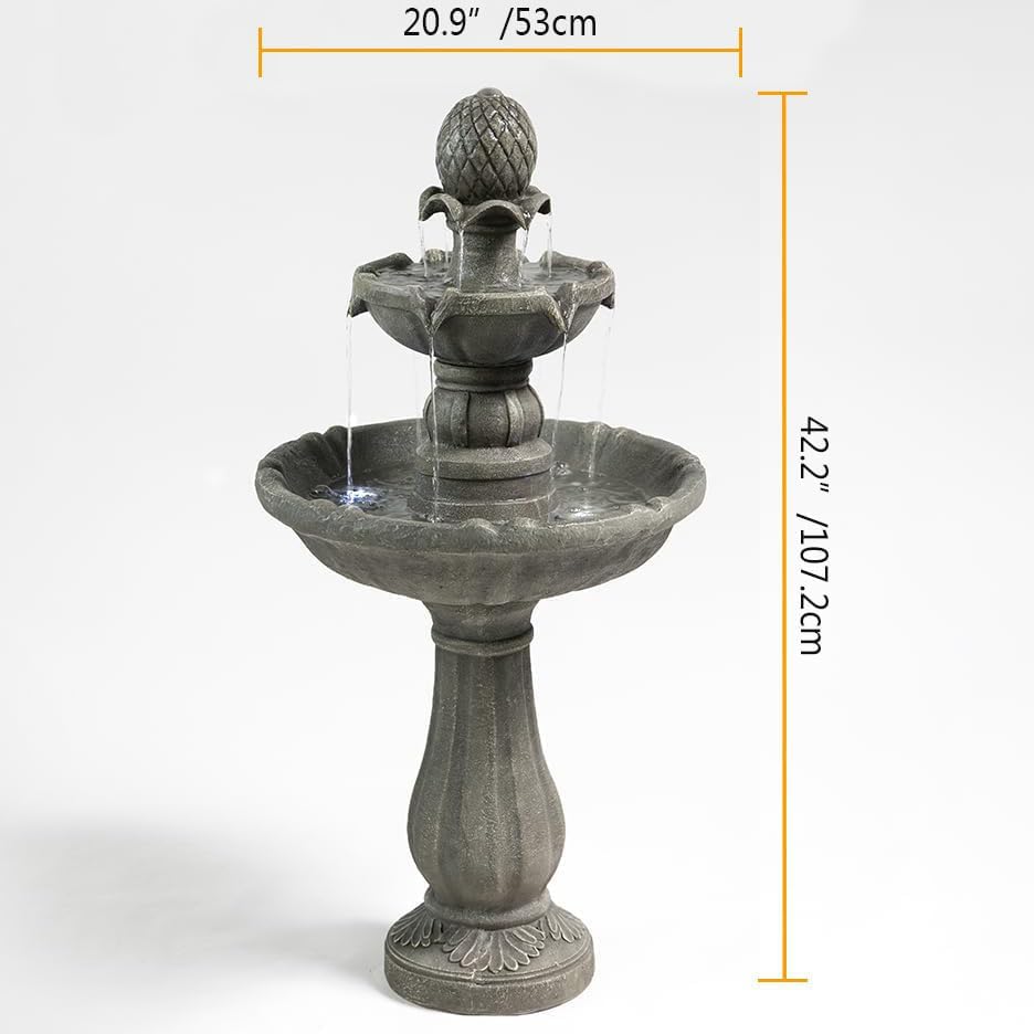 3 Tiered Outdoor Water Fountains –42.2 in. Tall Large Floor-Standing Outside Fountains with Elegant Waterfall Feature for Garden, Yard, Patio, Home Decor (Grey)