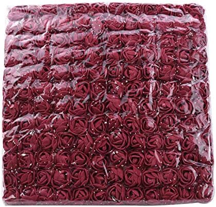 Mini Fake Rose Flower Heads 144pcs Real Looking Burgundy Fake Roses Head w/Stem for DIY Wedding Bouquets Centerpieces Arrangements Party Baby Shower Home Decorations(Burgundy)