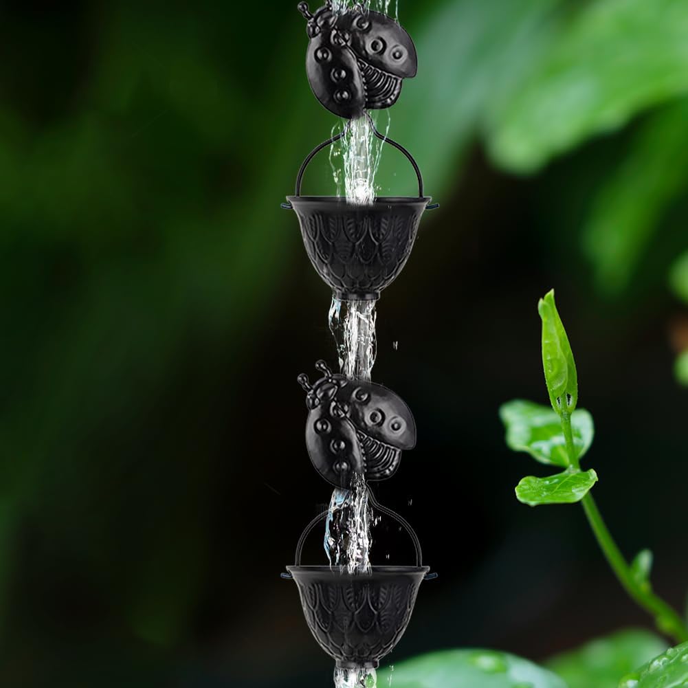 9.2 FT Rain Chain, Black Rain Gutter Chains with 12 Cups & Detachable Ladybugs Decor, Adjustable Rain Catcher Chain for Outddor Decor, Replacement for Downspout