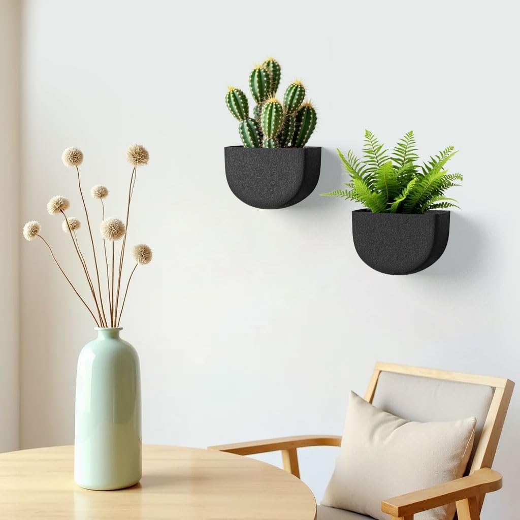 2 Pack Wall Hanging Planter Pots for Indoor and Outdoor Plants, 7 Inch Half-Moon-Shaped Plastic Wall Planter, Wall Mounted Succulent Planters (Black)