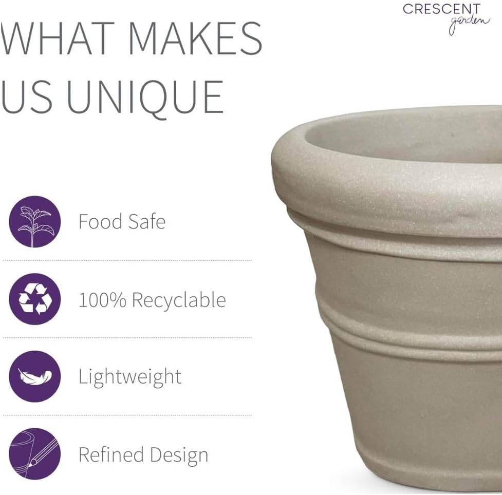 Crescent Garden Brunello Classic Rolled Rim Planter Pot, Indoor/Outdoor Plastic Round Pot - Traditional Planter for Herbs, Plants, Houseplant -14'' (Parchment)