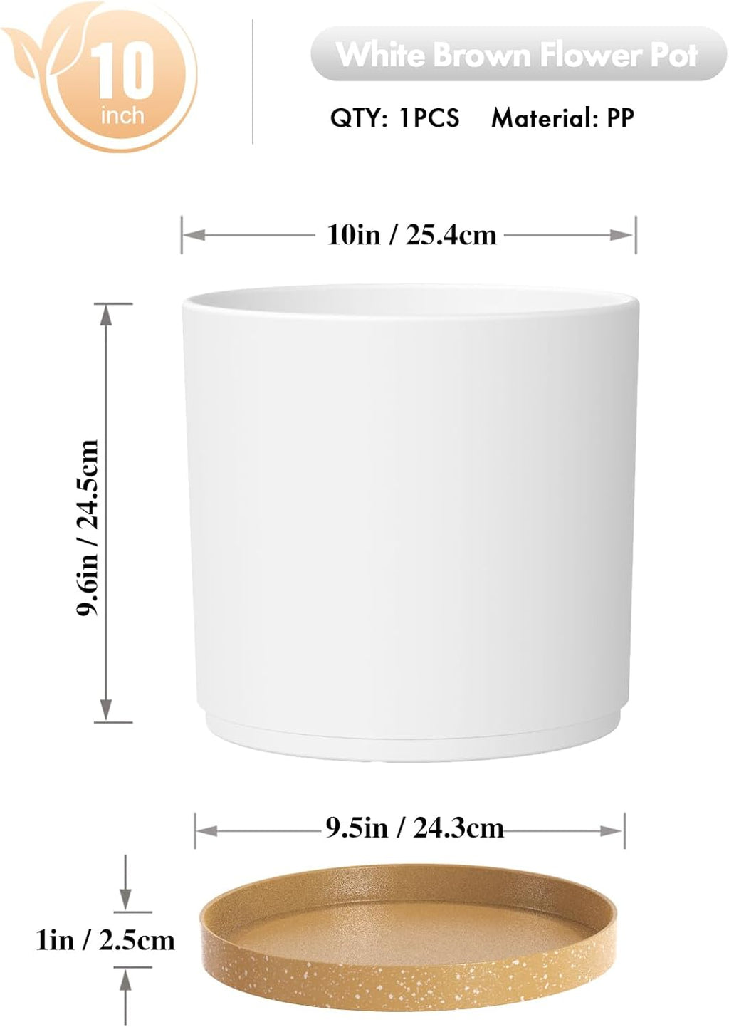 10 Inch Large Flower Pots for Indoor Outdoor Plants, Cylinder Deep Plant Pots with Drainage Holes and Saucer, Big Decorative Plastic Planter Pots for Garden House Plants, White with Brown