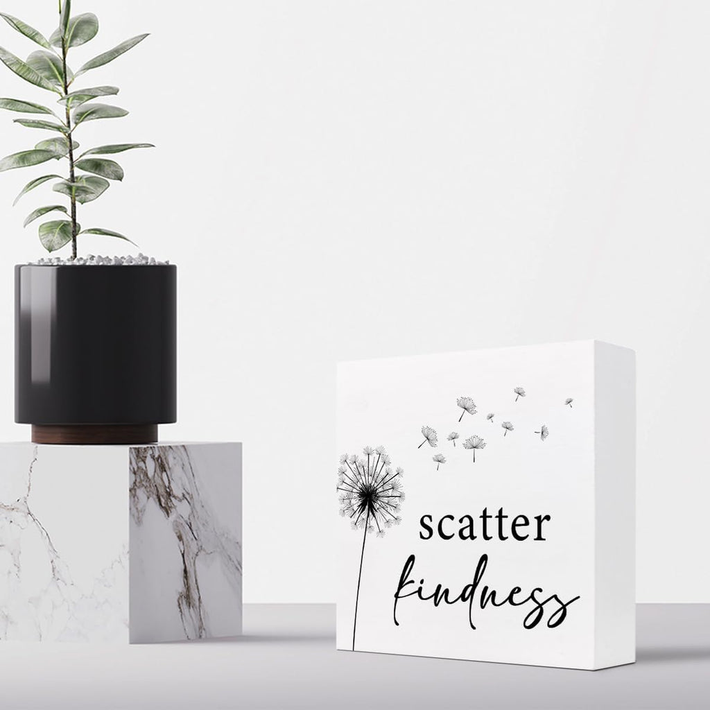z-Crange Scatter Kindness Dandelion Wood Block Sign, Rustic Kindness Quote Wooden Box Plaque Sign for Home, College, Office Shelf, Table Decor
