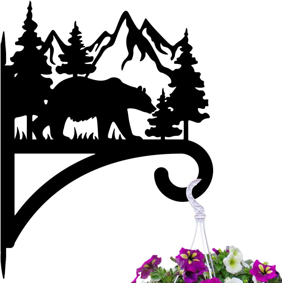 peacoblue Iron Plant Hanger Hook for Outdoor Indoor Hanging Plant Flower Fern Pot Lantern Bird Feeder,12"x15" Weather Resistant Metal Wall Holder for Porch Garden Farmhouse(Forest Bear and Mountain)