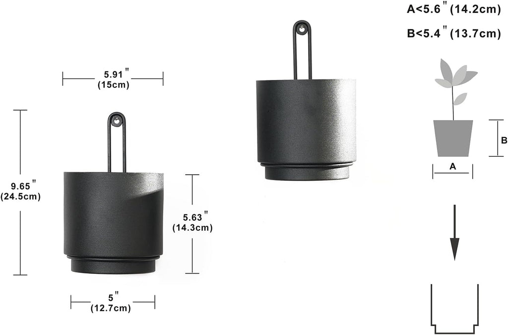 2 Pcs Wall Mounted Hanging Planter Vase for Indoor and Outdoor Plants Modern Metal Wall and Ceiling Planter Minimalist Flower Pot (Black, 5.91 inch)