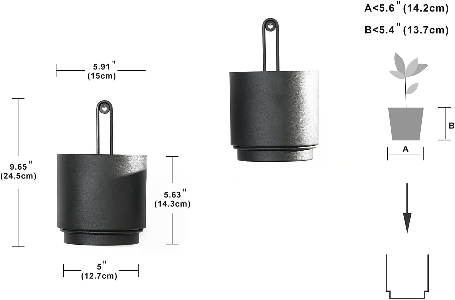 2 Pcs Wall Mounted Hanging Planter Vase for Indoor and Outdoor Plants Modern Metal Wall and Ceiling Planter Minimalist Flower Pot (Black, 5.91 inch)