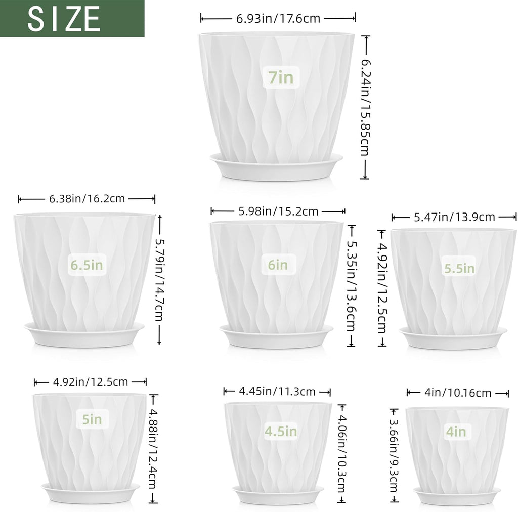 4/4.5/5/5.5/6/6.5/7 Inch Plant Pots,7 Pack Flower Pots with Drainage Holes and Trays,Plastic Planters for Indoor Outdoor Plants Growth,White