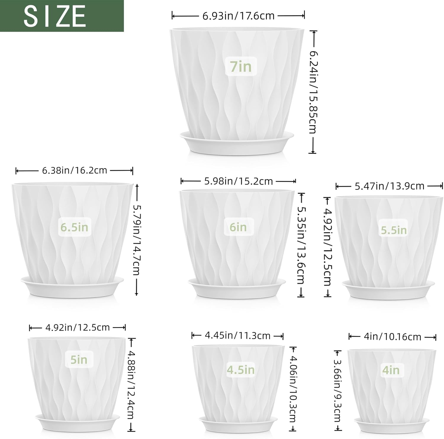 4/4.5/5/5.5/6/6.5/7 Inch Plant Pots,7 Pack Flower Pots with Drainage Holes and Trays,Plastic Planters for Indoor Outdoor Plants Growth,White