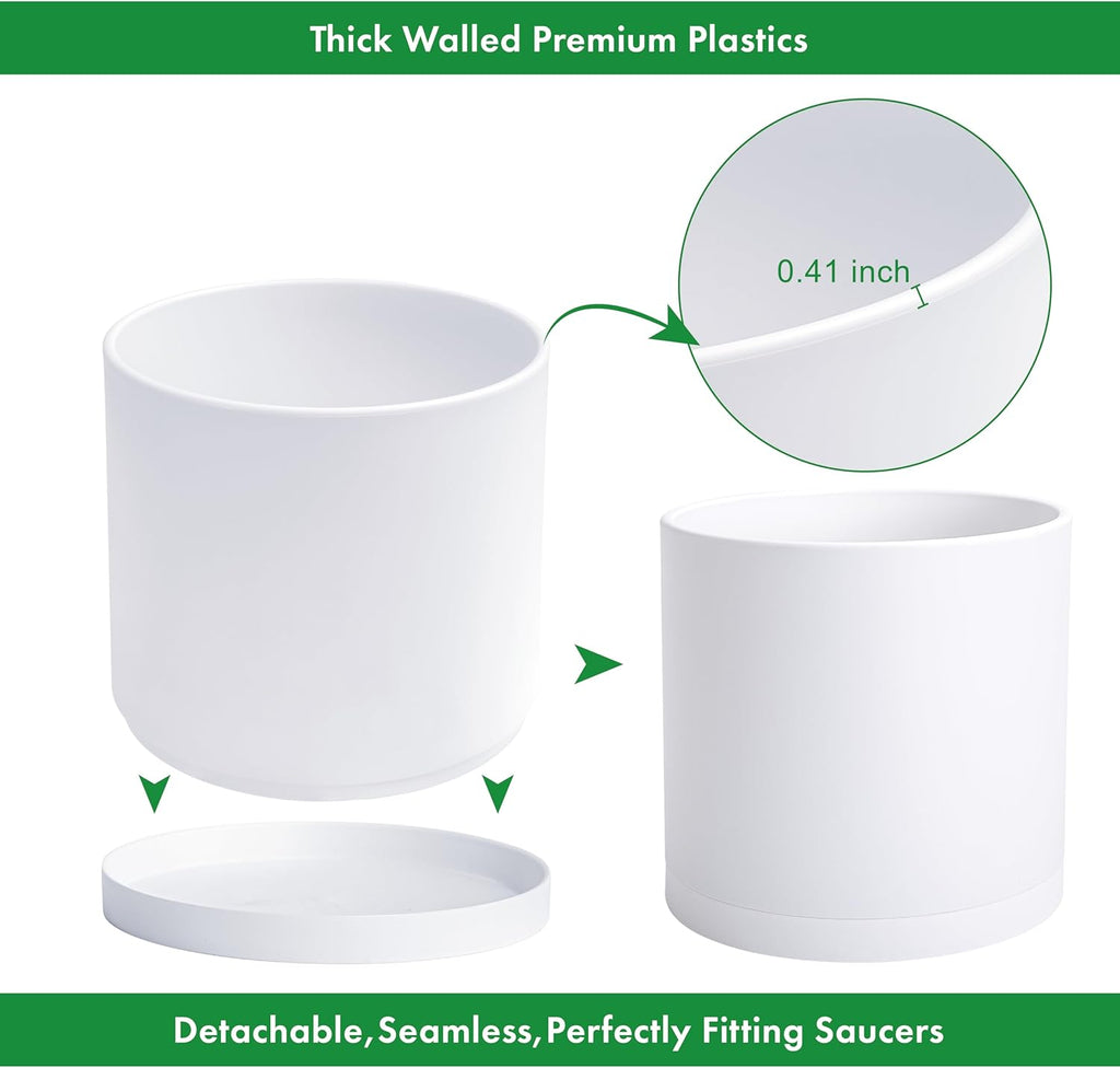 D'vine Dev 14 Inch White Plastic Planter Pots for Plant Pot with Drainage Hole and Seamless Saucers, 74-X-A-4
