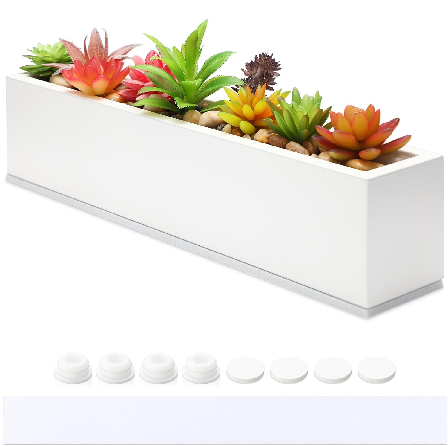 16.1 x 3.2 x 3.5 Inch Long Rectangular Planter Box Window Sill Plant Box Metal Water Trough Indoor Large Modern Steel with Drainage Holes Herb Garden Home(White)